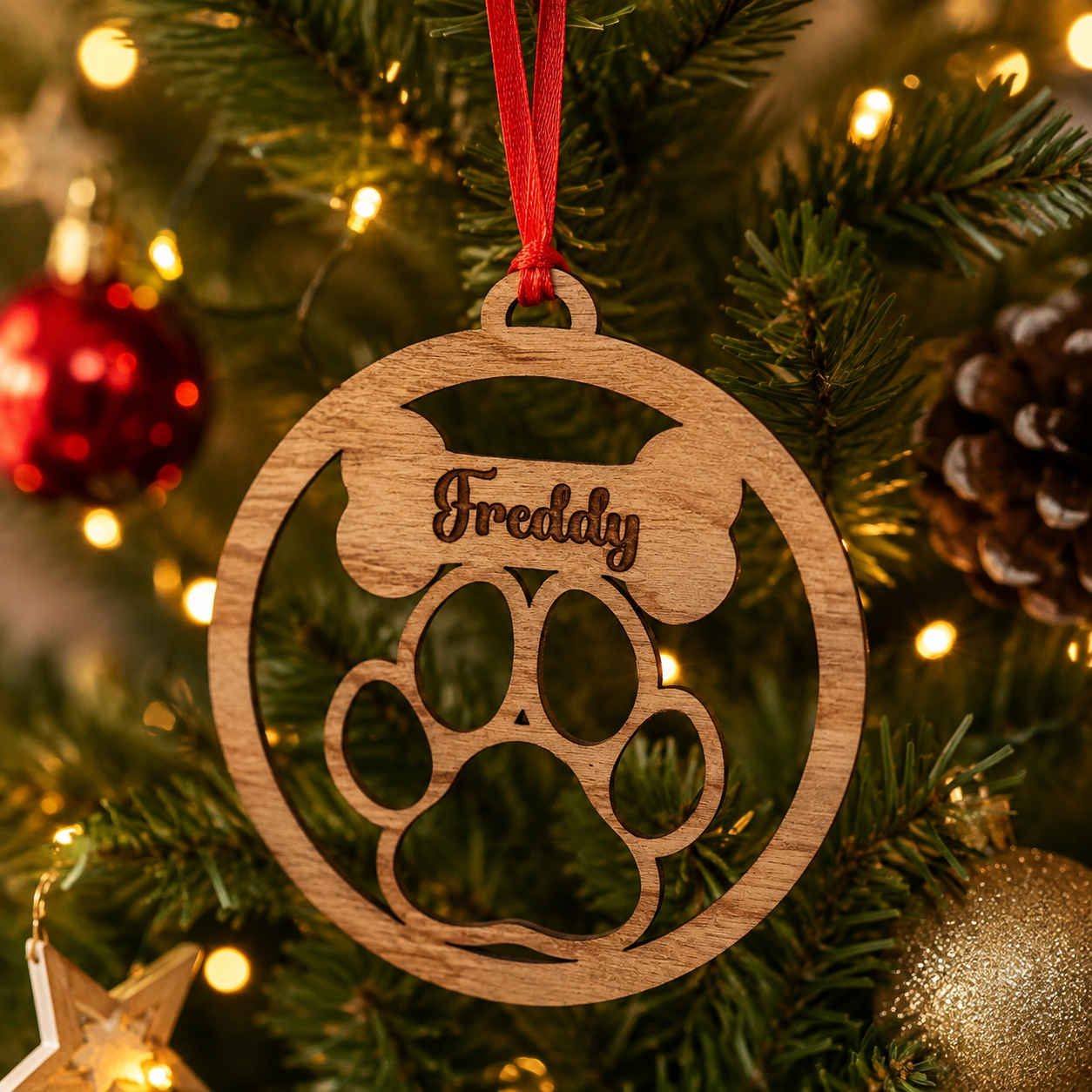 Personalised Wooden Pet Paw Christmas Tree Decoration | Dog Memorial Ornament | Custom Name Bauble | Cherry Veneer
