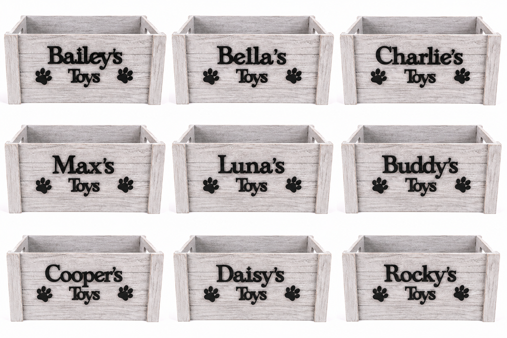 Personalised Wooden Dog Toy Storage Crate | Rustic Pet Toy Box | Personalised Dog Gift | Large White Wash Wooden Storage Box