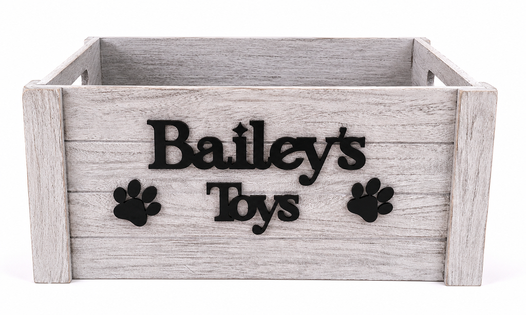 Personalised Wooden Dog Toy Storage Crate | Rustic Pet Toy Box | Personalised Dog Gift | Large White Wash Wooden Storage Box