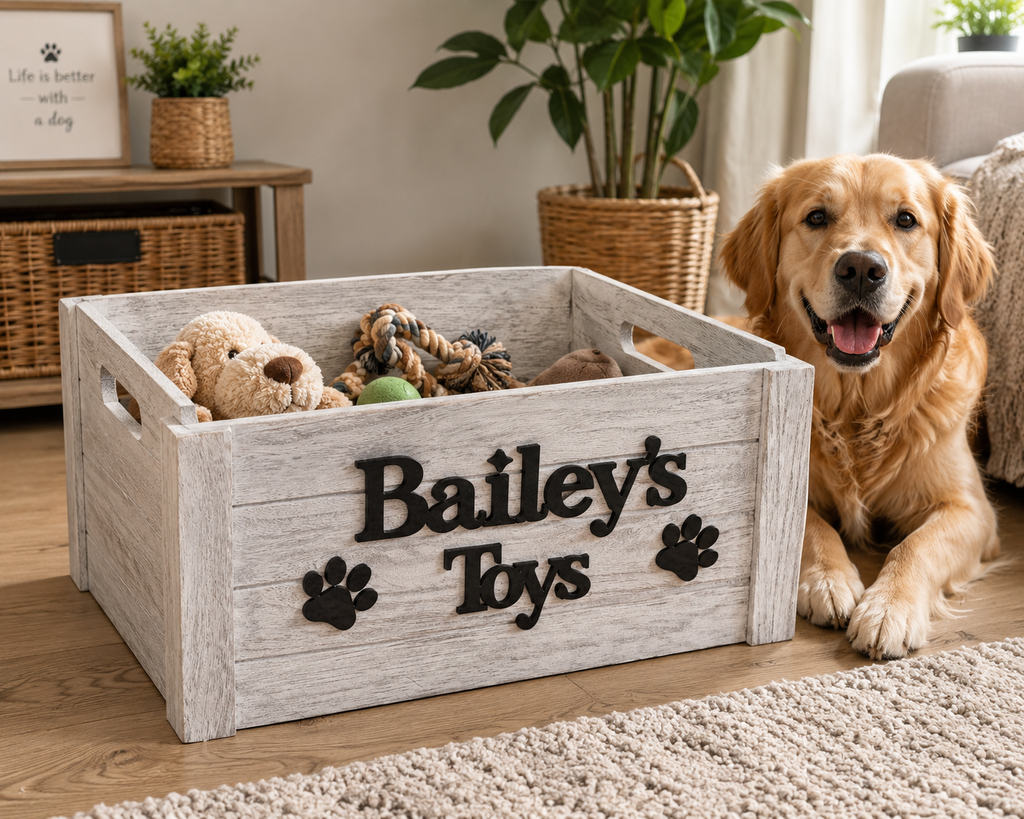 Personalised Wooden Dog Toy Storage Crate | Rustic Pet Toy Box | Personalised Dog Gift | Large White Wash Wooden Storage Box
