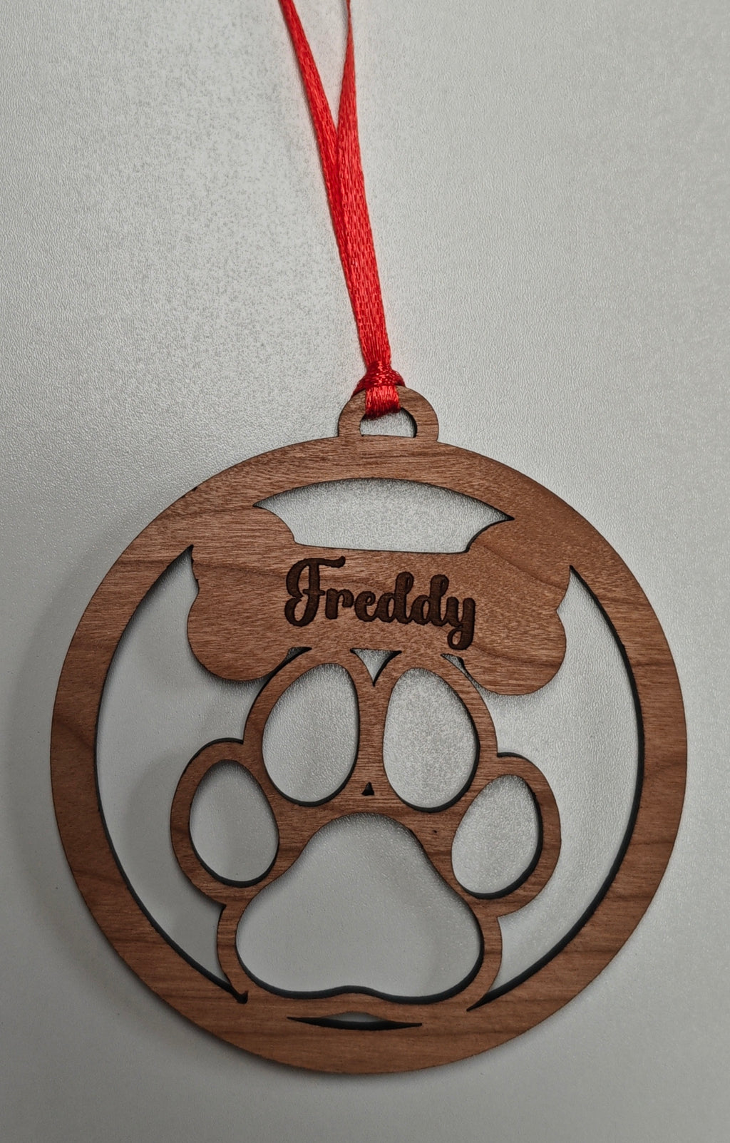 Personalised Wooden Pet Paw Christmas Tree Decoration | Dog Memorial Ornament | Custom Name Bauble | Cherry Veneer