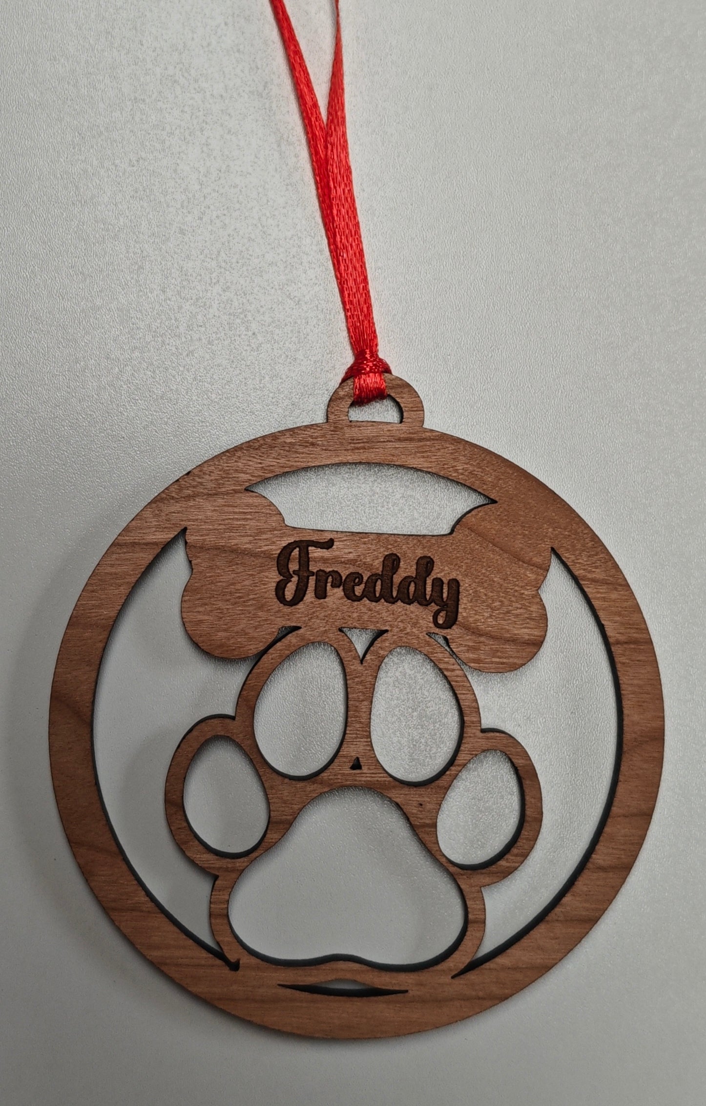 Personalised Wooden Pet Paw Christmas Tree Decoration | Dog Memorial Ornament | Custom Name Bauble | Cherry Veneer